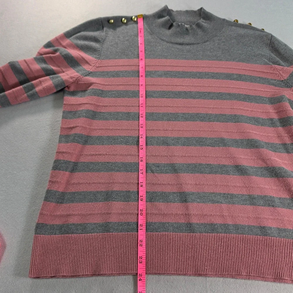 Retrology Womens Grey Pink Striped Mock Neck Sweater Gold Shoulder Button Large
